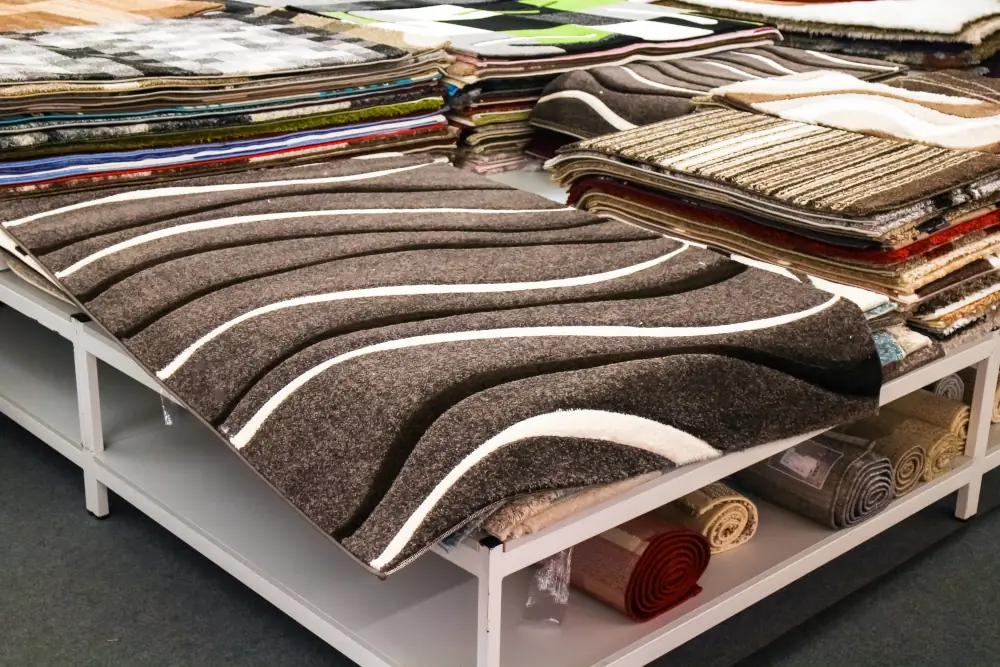 Carpet Fibers: Textures and Materials - Carpet samples in a showroom.
